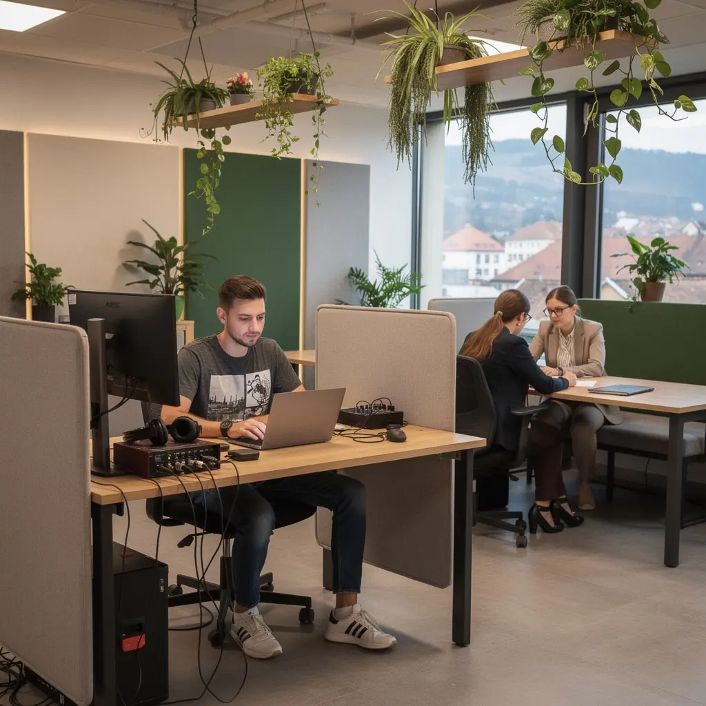 Spațiu de birou cu panouri acustice pentru reducerea zgomotului și creșterea confortului.