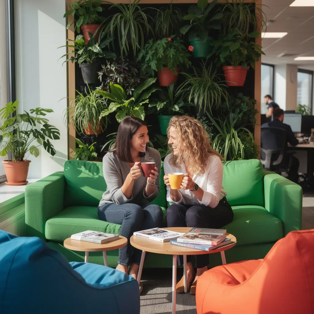 Iluminare naturală într-un birou modern, susținând un mediu de lucru sănătos.